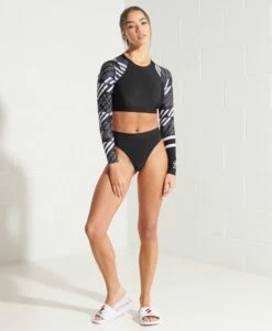 SUPERDRY Long Sleeve Crop Rashie Top Black Aop