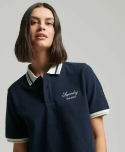 SUPERDRY Crop Boxy Tennis Polo Shirt Deep Navy/optic