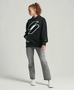 SUPERDRY Code Logo Chenille Oversized Hoodie Grey Slub Grindle